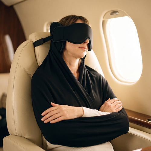 Hushwing flight sleep set worn on a long-haul flight